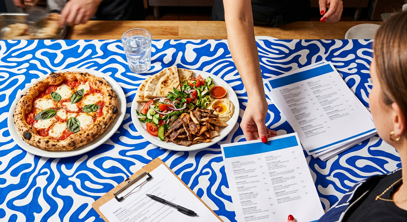 Une table de restaurant sous un tissu bleu, deux assiettes, et une main qui dépose une feuille imprimée du dossier.