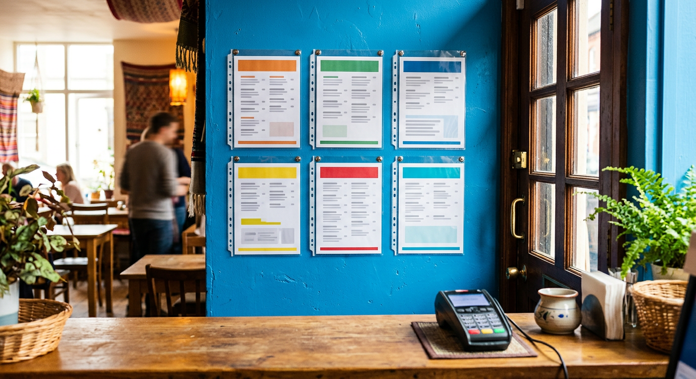 Six affichages imprimés, fixés sur un mur bleu près de l’entrée d’un restaurant.