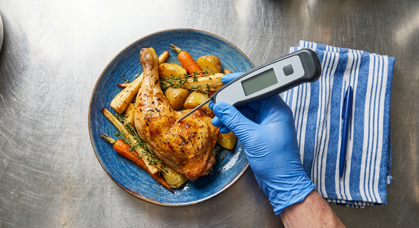 Une main gantée plante une sonde dans une cuisse de poulet rôti.